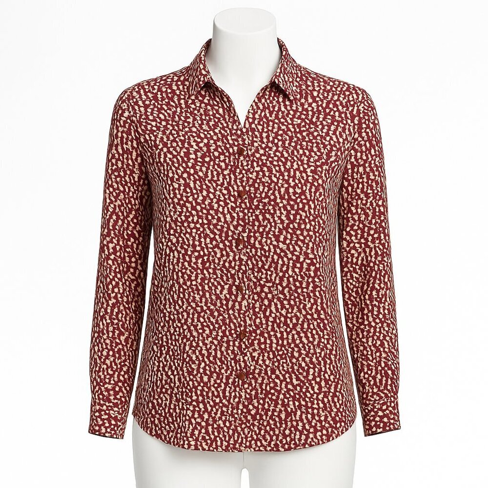 Express Portofino Blouse – Burgundy Abstract Print Button-Front, Long Sleeve – M